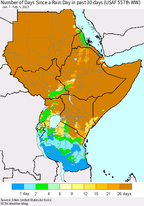 Eastern Africa Number of Days Since a Rain Day in past 30 days (USAF 557th WW) Thematic Map For 2/1/2023 - 2/5/2023