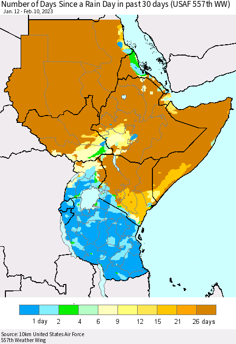 Eastern Africa Number of Days Since a Rain Day in past 30 days (USAF 557th WW) Thematic Map For 2/6/2023 - 2/10/2023