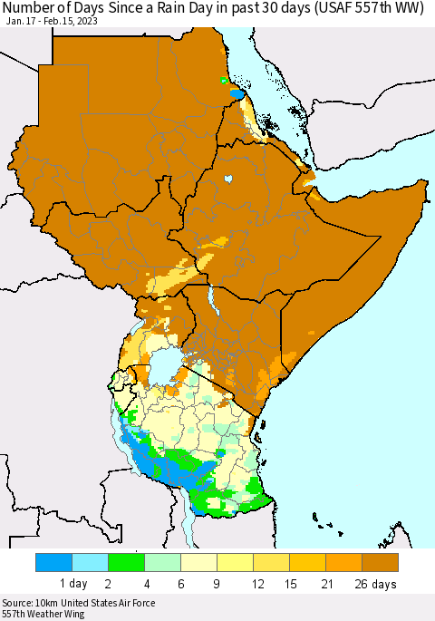 Eastern Africa Number of Days Since a Rain Day in past 30 days (USAF 557th WW) Thematic Map For 2/11/2023 - 2/15/2023