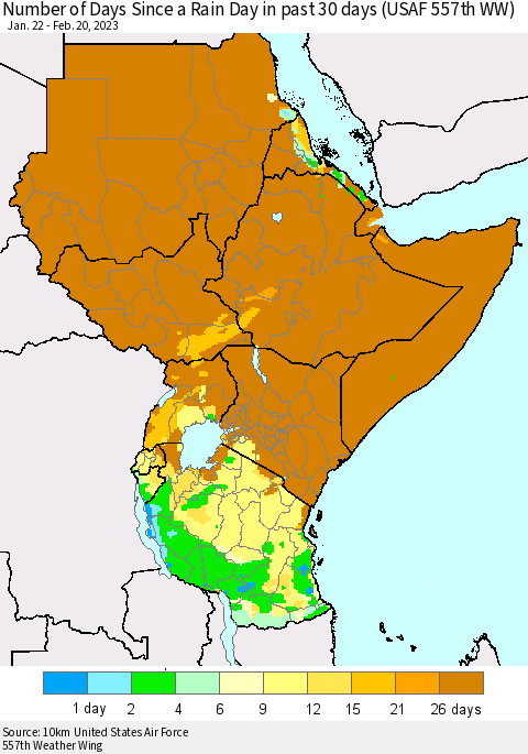 Eastern Africa Number of Days Since a Rain Day in past 30 days (USAF 557th WW) Thematic Map For 2/16/2023 - 2/20/2023
