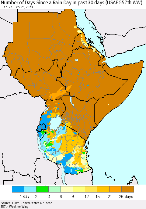 Eastern Africa Number of Days Since a Rain Day in past 30 days (USAF 557th WW) Thematic Map For 2/21/2023 - 2/25/2023