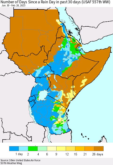 Eastern Africa Number of Days Since a Rain Day in past 30 days (USAF 557th WW) Thematic Map For 2/26/2023 - 2/28/2023