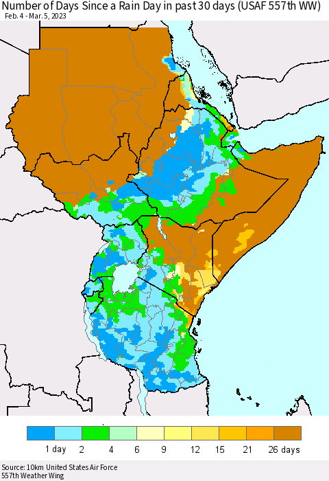 Eastern Africa Number of Days Since a Rain Day in past 30 days (USAF 557th WW) Thematic Map For 3/1/2023 - 3/5/2023