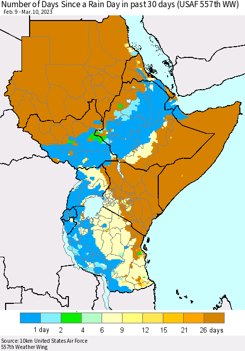 Eastern Africa Number of Days Since a Rain Day in past 30 days (USAF 557th WW) Thematic Map For 3/6/2023 - 3/10/2023
