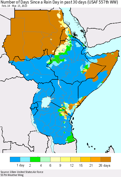 Eastern Africa Number of Days Since a Rain Day in past 30 days (USAF 557th WW) Thematic Map For 3/11/2023 - 3/15/2023