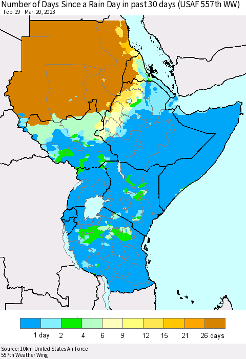 Eastern Africa Number of Days Since a Rain Day in past 30 days (USAF 557th WW) Thematic Map For 3/16/2023 - 3/20/2023