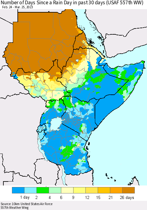 Eastern Africa Number of Days Since a Rain Day in past 30 days (USAF 557th WW) Thematic Map For 3/21/2023 - 3/25/2023