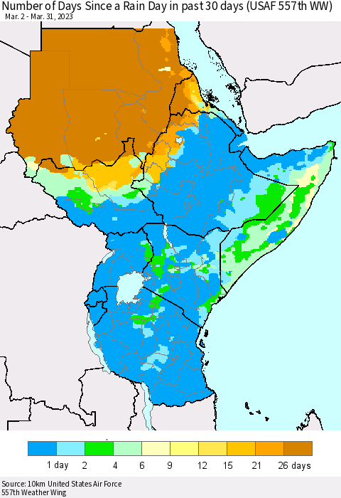 Eastern Africa Number of Days Since a Rain Day in past 30 days (USAF 557th WW) Thematic Map For 3/26/2023 - 3/31/2023