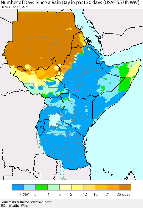 Eastern Africa Number of Days Since a Rain Day in past 30 days (USAF 557th WW) Thematic Map For 4/1/2023 - 4/5/2023
