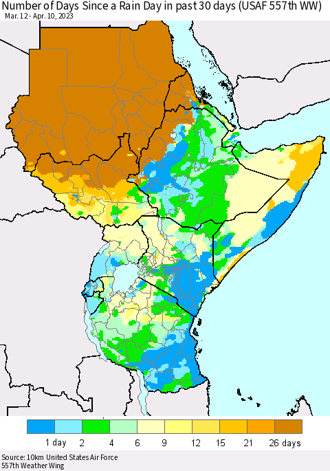 Eastern Africa Number of Days Since a Rain Day in past 30 days (USAF 557th WW) Thematic Map For 4/6/2023 - 4/10/2023