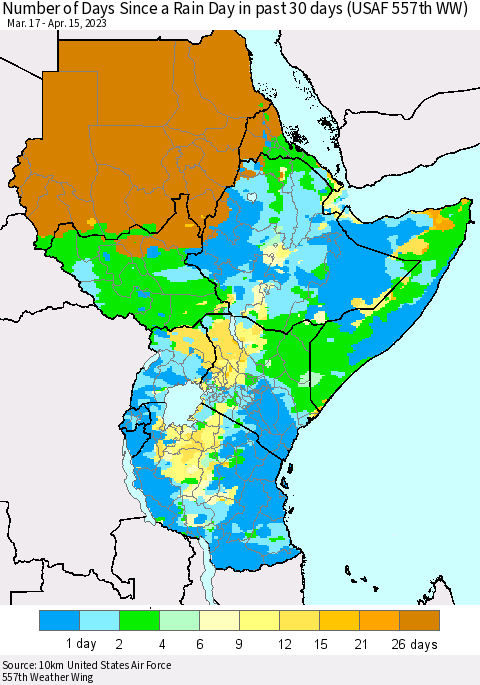 Eastern Africa Number of Days Since a Rain Day in past 30 days (USAF 557th WW) Thematic Map For 4/11/2023 - 4/15/2023