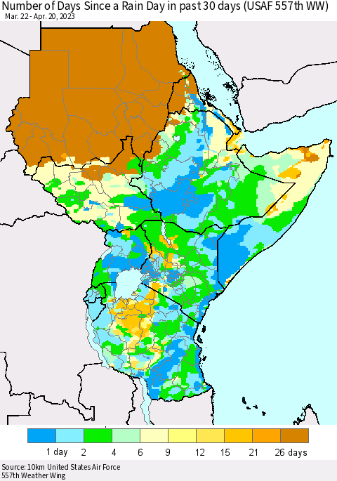 Eastern Africa Number of Days Since a Rain Day in past 30 days (USAF 557th WW) Thematic Map For 4/16/2023 - 4/20/2023