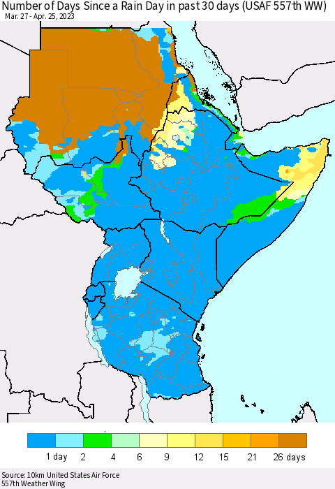Eastern Africa Number of Days Since a Rain Day in past 30 days (USAF 557th WW) Thematic Map For 4/21/2023 - 4/25/2023