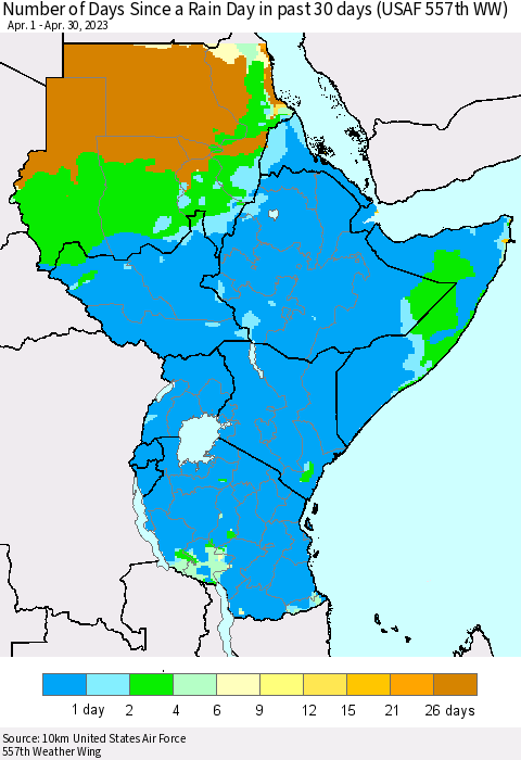 Eastern Africa Number of Days Since a Rain Day in past 30 days (USAF 557th WW) Thematic Map For 4/26/2023 - 4/30/2023
