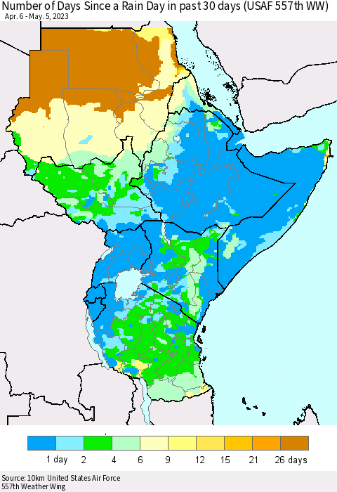 Eastern Africa Number of Days Since a Rain Day in past 30 days (USAF 557th WW) Thematic Map For 5/1/2023 - 5/5/2023