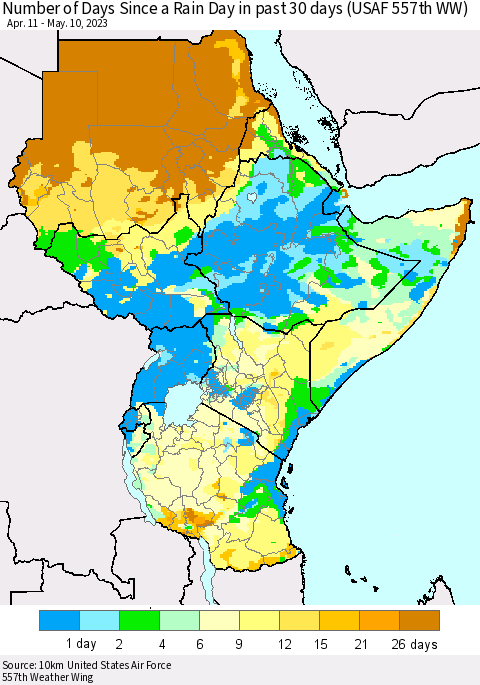 Eastern Africa Number of Days Since a Rain Day in past 30 days (USAF 557th WW) Thematic Map For 5/6/2023 - 5/10/2023