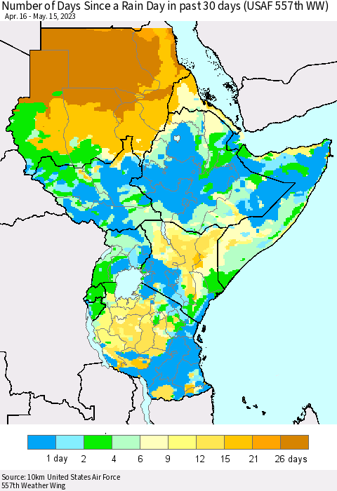Eastern Africa Number of Days Since a Rain Day in past 30 days (USAF 557th WW) Thematic Map For 5/11/2023 - 5/15/2023