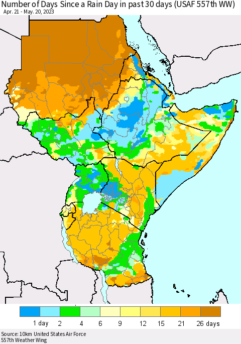 Eastern Africa Number of Days Since a Rain Day in past 30 days (USAF 557th WW) Thematic Map For 5/16/2023 - 5/20/2023