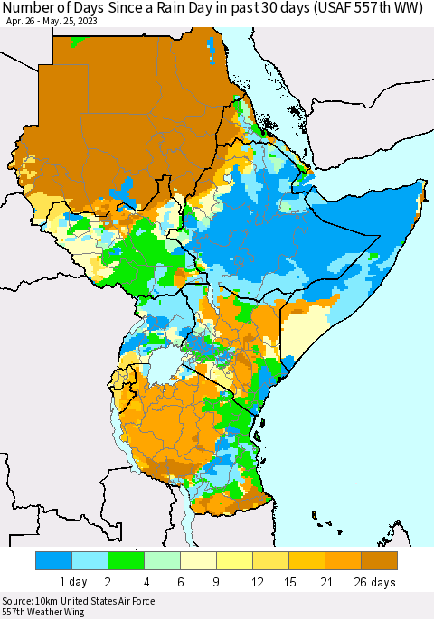 Eastern Africa Number of Days Since a Rain Day in past 30 days (USAF 557th WW) Thematic Map For 5/21/2023 - 5/25/2023