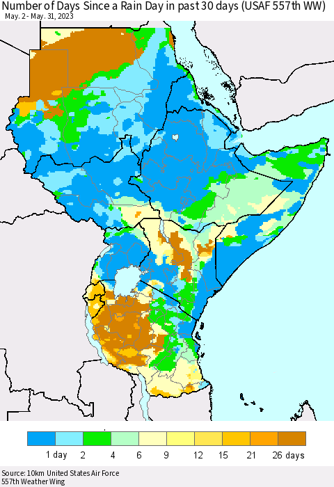 Eastern Africa Number of Days Since a Rain Day in past 30 days (USAF 557th WW) Thematic Map For 5/26/2023 - 5/31/2023