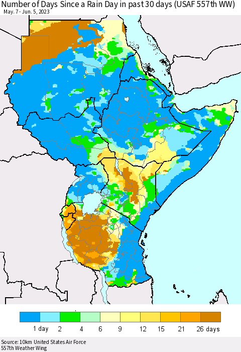 Eastern Africa Number of Days Since a Rain Day in past 30 days (USAF 557th WW) Thematic Map For 6/1/2023 - 6/5/2023