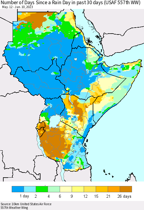 Eastern Africa Number of Days Since a Rain Day in past 30 days (USAF 557th WW) Thematic Map For 6/6/2023 - 6/10/2023