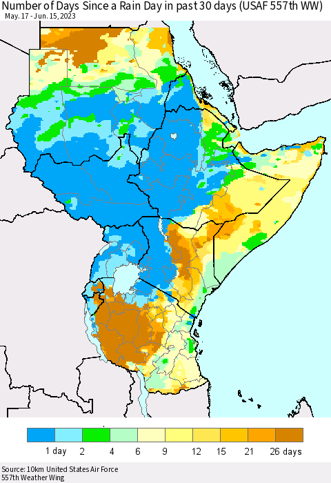 Eastern Africa Number of Days Since a Rain Day in past 30 days (USAF 557th WW) Thematic Map For 6/11/2023 - 6/15/2023