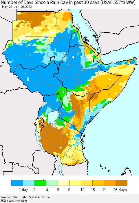 Eastern Africa Number of Days Since a Rain Day in past 30 days (USAF 557th WW) Thematic Map For 6/16/2023 - 6/20/2023