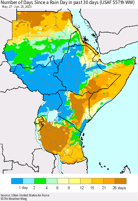 Eastern Africa Number of Days Since a Rain Day in past 30 days (USAF 557th WW) Thematic Map For 6/21/2023 - 6/25/2023