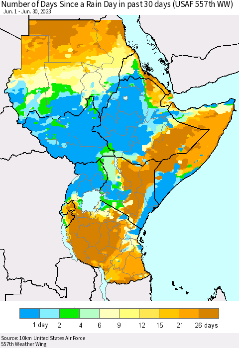 Eastern Africa Number of Days Since a Rain Day in past 30 days (USAF 557th WW) Thematic Map For 6/26/2023 - 6/30/2023