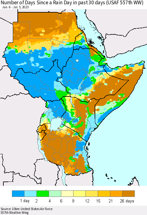 Eastern Africa Number of Days Since a Rain Day in past 30 days (USAF 557th WW) Thematic Map For 7/1/2023 - 7/5/2023
