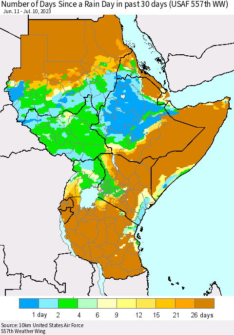 Eastern Africa Number of Days Since a Rain Day in past 30 days (USAF 557th WW) Thematic Map For 7/6/2023 - 7/10/2023