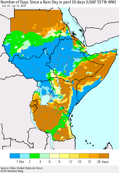 Eastern Africa Number of Days Since a Rain Day in past 30 days (USAF 557th WW) Thematic Map For 7/11/2023 - 7/15/2023
