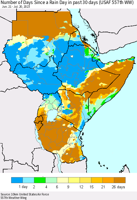 Eastern Africa Number of Days Since a Rain Day in past 30 days (USAF 557th WW) Thematic Map For 7/16/2023 - 7/20/2023