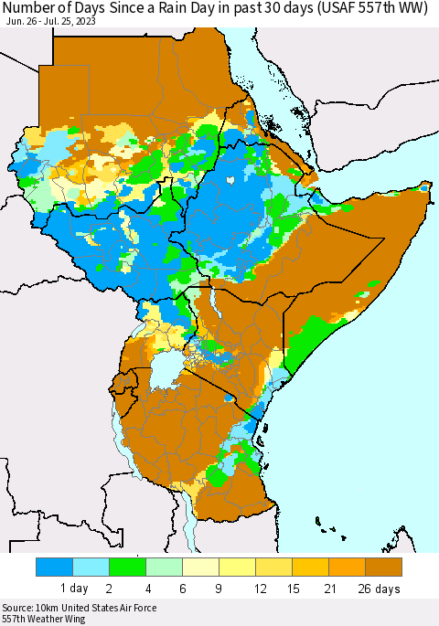 Eastern Africa Number of Days Since a Rain Day in past 30 days (USAF 557th WW) Thematic Map For 7/21/2023 - 7/25/2023