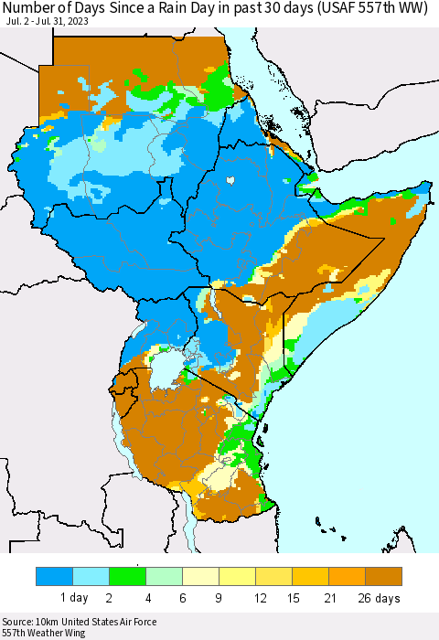 Eastern Africa Number of Days Since a Rain Day in past 30 days (USAF 557th WW) Thematic Map For 7/26/2023 - 7/31/2023