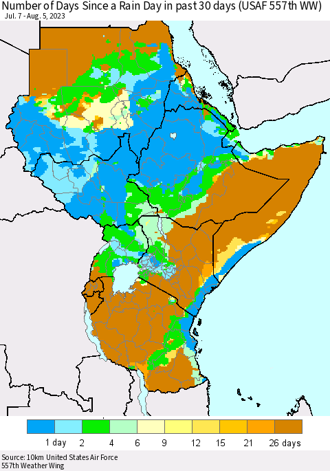 Eastern Africa Number of Days Since a Rain Day in past 30 days (USAF 557th WW) Thematic Map For 8/1/2023 - 8/5/2023