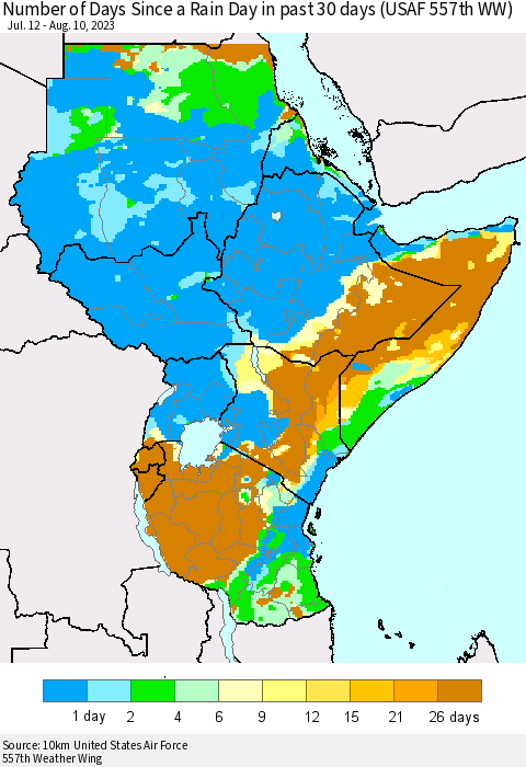 Eastern Africa Number of Days Since a Rain Day in past 30 days (USAF 557th WW) Thematic Map For 8/6/2023 - 8/10/2023