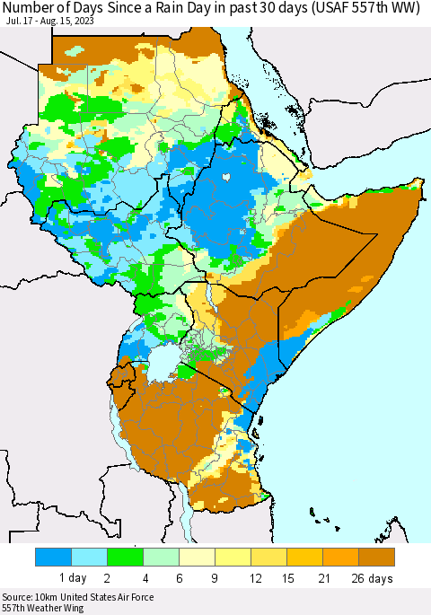 Eastern Africa Number of Days Since a Rain Day in past 30 days (USAF 557th WW) Thematic Map For 8/11/2023 - 8/15/2023