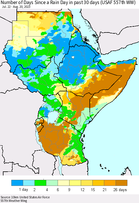 Eastern Africa Number of Days Since a Rain Day in past 30 days (USAF 557th WW) Thematic Map For 8/16/2023 - 8/20/2023
