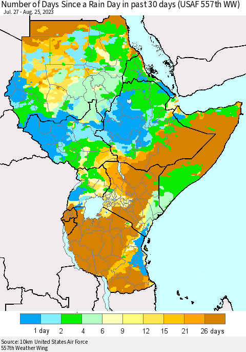 Eastern Africa Number of Days Since a Rain Day in past 30 days (USAF 557th WW) Thematic Map For 8/21/2023 - 8/25/2023