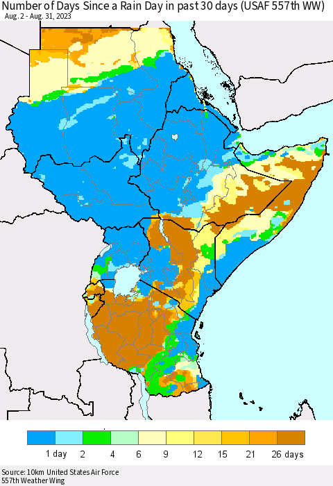 Eastern Africa Number of Days Since a Rain Day in past 30 days (USAF 557th WW) Thematic Map For 8/26/2023 - 8/31/2023