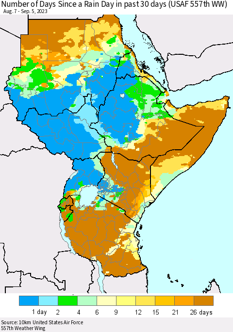 Eastern Africa Number of Days Since a Rain Day in past 30 days (USAF 557th WW) Thematic Map For 9/1/2023 - 9/5/2023