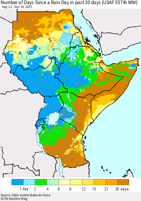 Eastern Africa Number of Days Since a Rain Day in past 30 days (USAF 557th WW) Thematic Map For 9/6/2023 - 9/10/2023