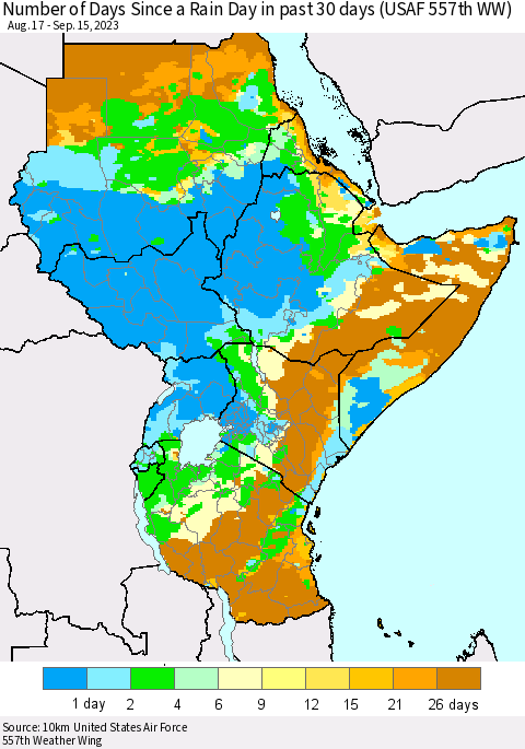 Eastern Africa Number of Days Since a Rain Day in past 30 days (USAF 557th WW) Thematic Map For 9/11/2023 - 9/15/2023