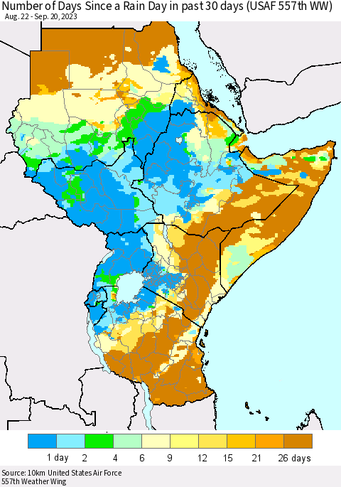 Eastern Africa Number of Days Since a Rain Day in past 30 days (USAF 557th WW) Thematic Map For 9/16/2023 - 9/20/2023
