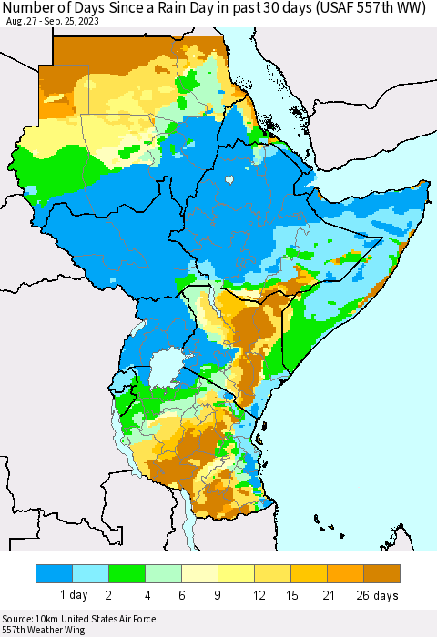 Eastern Africa Number of Days Since a Rain Day in past 30 days (USAF 557th WW) Thematic Map For 9/21/2023 - 9/25/2023