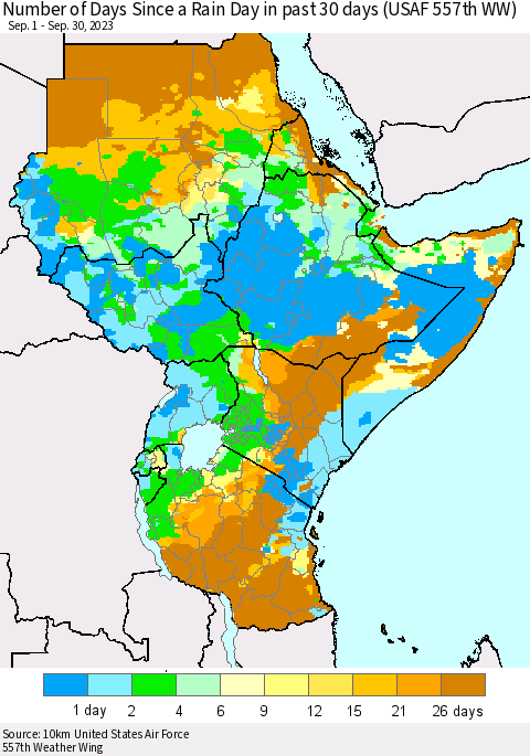 Eastern Africa Number of Days Since a Rain Day in past 30 days (USAF 557th WW) Thematic Map For 9/26/2023 - 9/30/2023