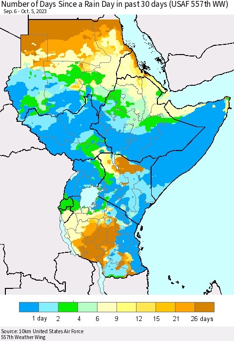 Eastern Africa Number of Days Since a Rain Day in past 30 days (USAF 557th WW) Thematic Map For 10/1/2023 - 10/5/2023
