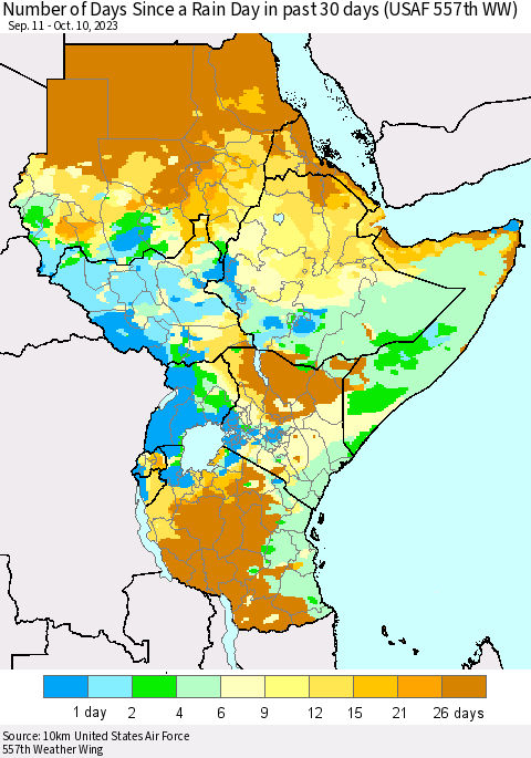 Eastern Africa Number of Days Since a Rain Day in past 30 days (USAF 557th WW) Thematic Map For 10/6/2023 - 10/10/2023